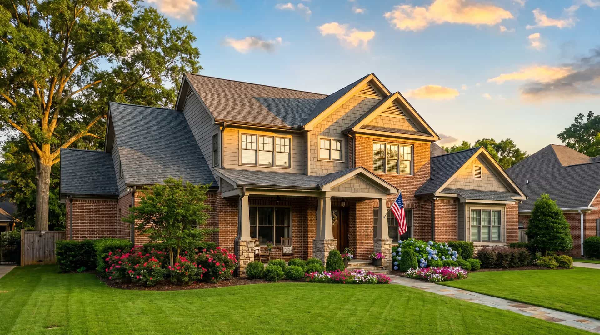 Birmingham home with a new architectural shingle roof at dusk