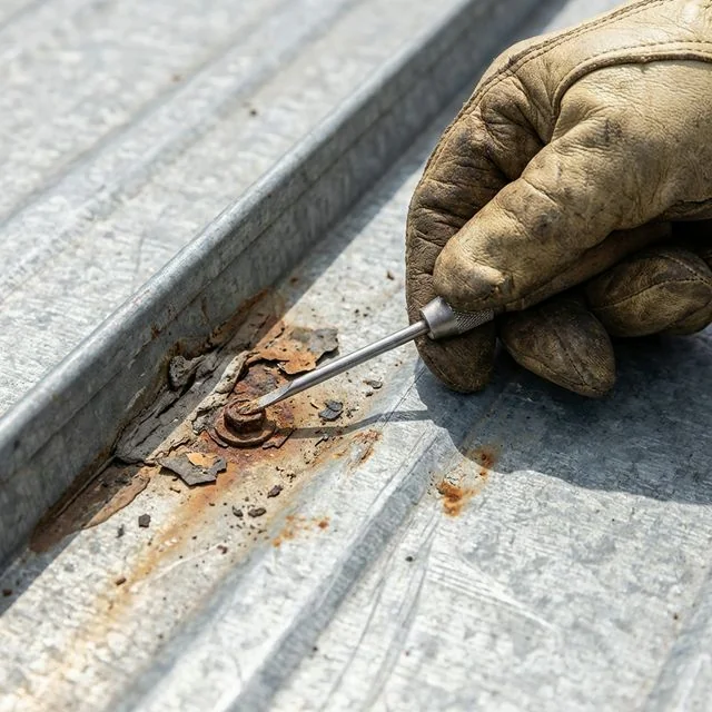 Metal roof fastener being inspected and repaired in Birmingham