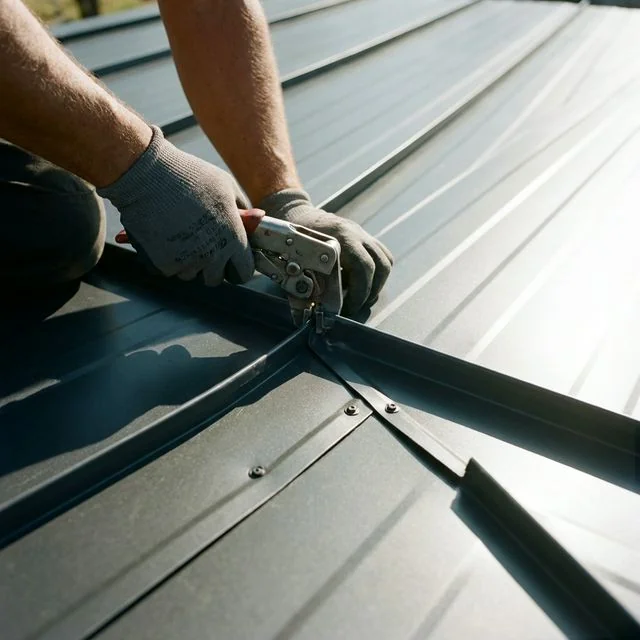 Professional installing standing seam metal roof panels in Birmingham