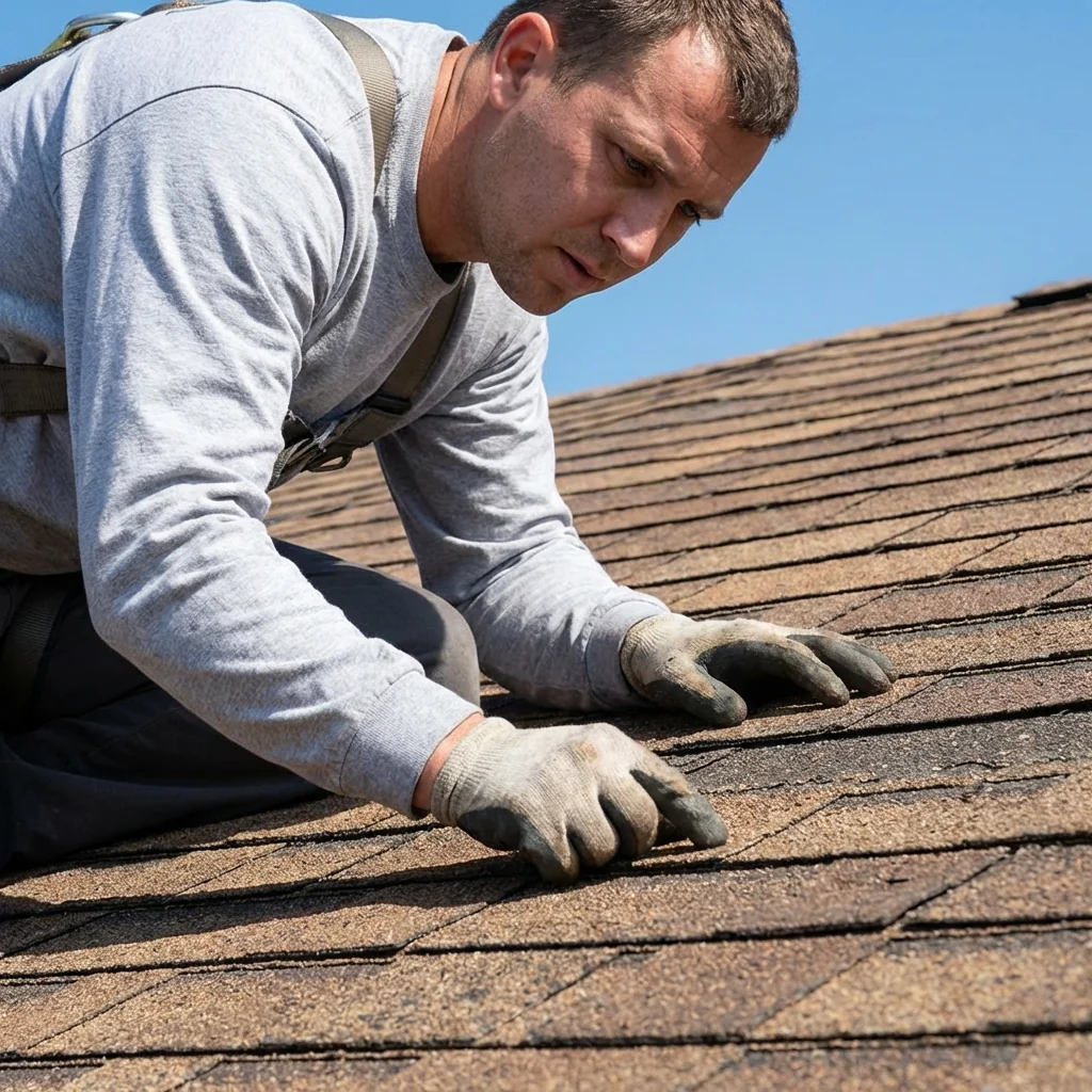 Patriot Roofing inspector checking shingles