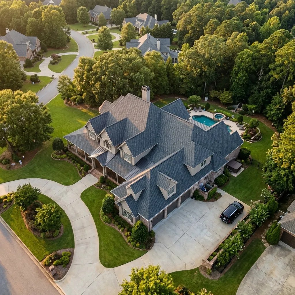 Aerial drone view of a large luxury home with a pristine new architectural shingle roof in Alabama